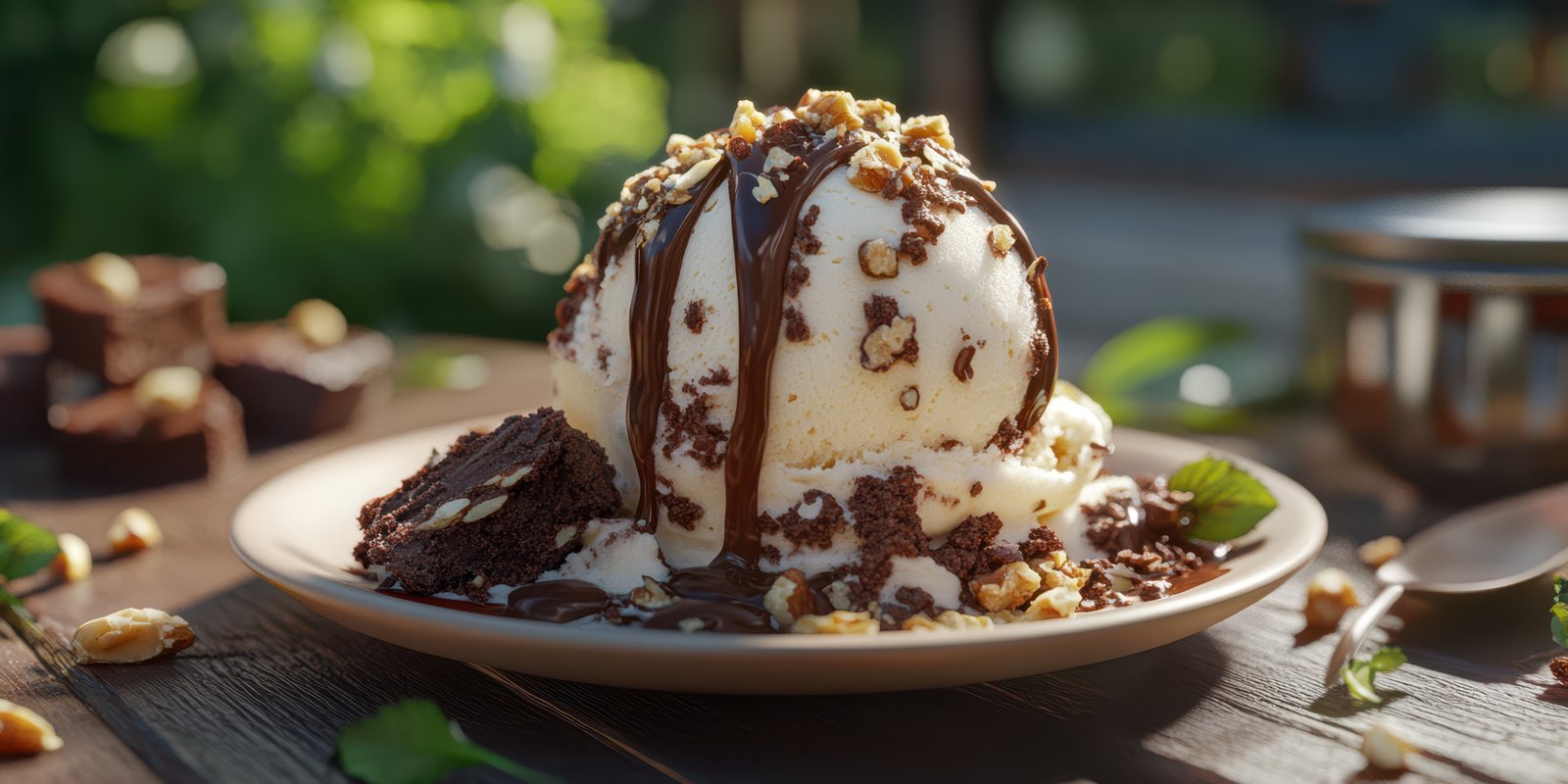 Delicious dessert with ice cream, brownies, and chocolate sauce served in a vibrant outdoor setting during the afternoon